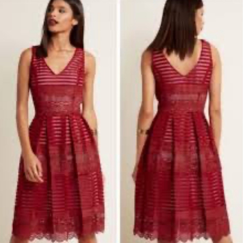 ModCloth‎ Women's Ruby Red Crochet Lace Stripe Overlay Fit & Flare Dress S $139